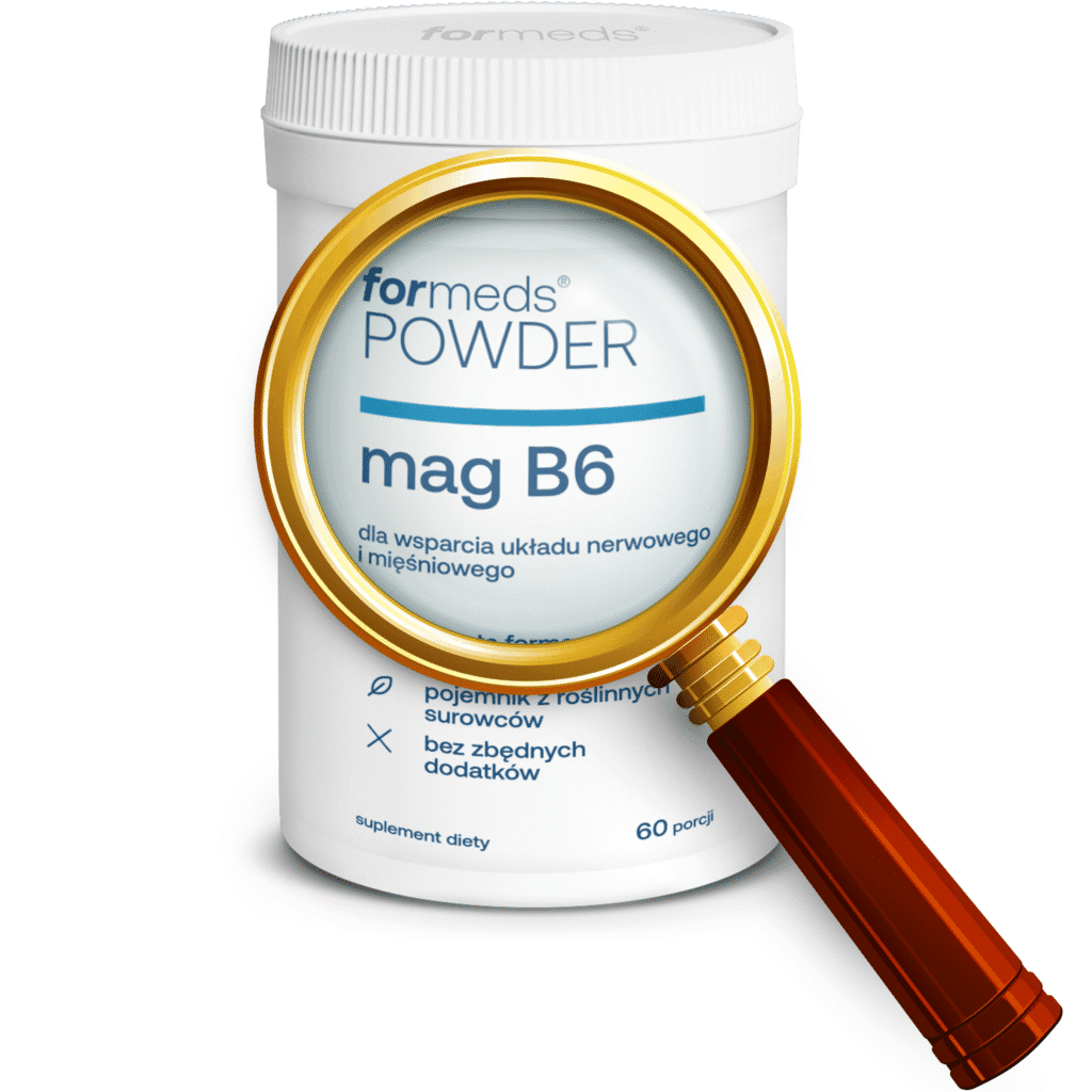 Opakowanie suplementu POWDER Mag B6 – 60 porcji, lupą skierowaną na magnez i witaminę B6.